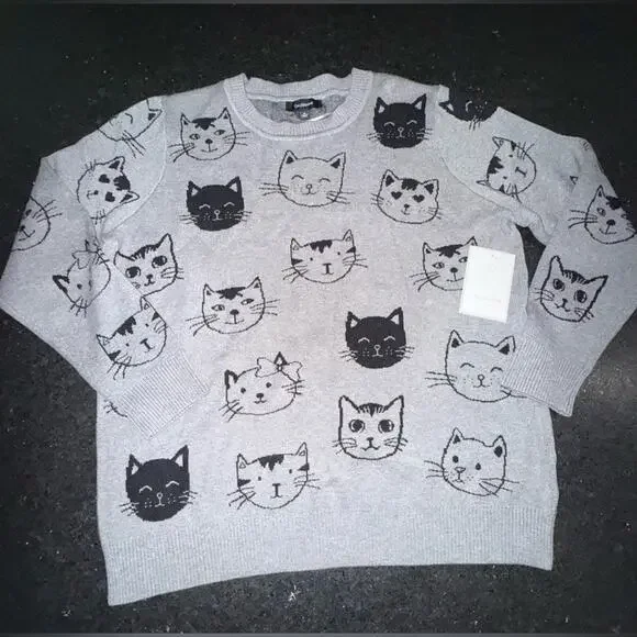 NEW ANTHROPOLOGIE CALLIGRAPHIE GREY SWEATER BLACK CAT FACE PRINT ALL OVER SZ 1X - Picture 2 of 9